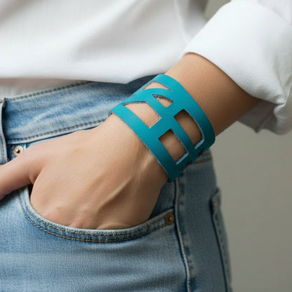 Turquoise Reclaimed Leather "Seld Empowering" Wrist Band. Leather Bracelet. Leather Cuff. - Handmade Recycled Glass Jewelry 