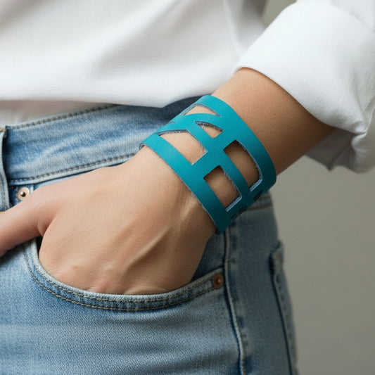 Turquoise Reclaimed Leather "Seld Empowering" Wrist Band. Leather Bracelet. Leather Cuff. - Handmade Recycled Glass Jewelry 