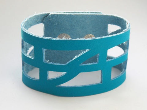 Turquoise Reclaimed Leather "Seld Empowering" Wrist Band. Leather Bracelet. Leather Cuff. - Handmade Recycled Glass Jewelry 