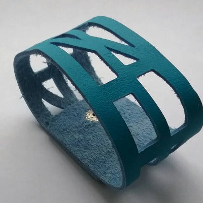 Turquoise Reclaimed Leather "Seld Empowering" Wrist Band. Leather Bracelet. Leather Cuff. - Handmade Recycled Glass Jewelry 