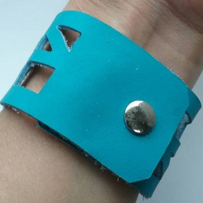 Turquoise Reclaimed Leather "Seld Empowering" Wrist Band. Leather Bracelet. Leather Cuff. - Handmade Recycled Glass Jewelry 