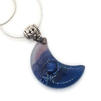Lilac and Blue Moon shape Recycled Glass pendant. Fused Glass Necklace.