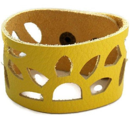 Yellow Sunflower leather wrist Band. Repurposed Leather Cuff Bracelet - Handmade Recycled Glass Jewelry 