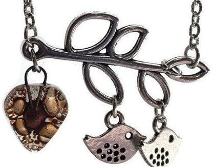 Family pendant. Bird pendant. Recycled Fused Glass necklace. Brown and Copper color heart shape bead - Handmade Recycled Glass Jewelry 
