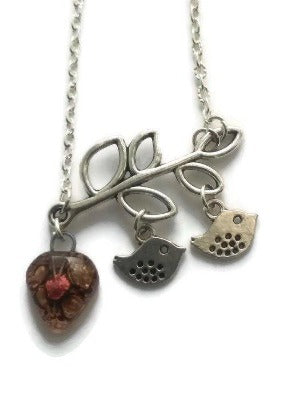 Family pendant. Bird pendant. Recycled Fused Glass necklace. Brown and Copper color heart shape bead - Handmade Recycled Glass Jewelry 