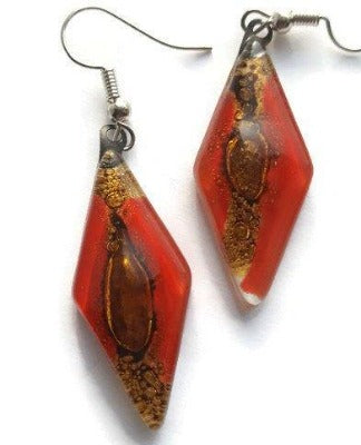 Long Diamond shaped red and brown fused glass earrings - Handmade Recycled Glass Jewelry 
