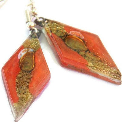 Long Diamond shaped red and brown fused glass earrings - Handmade Recycled Glass Jewelry 