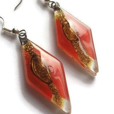 Long Diamond shaped red and brown fused glass earrings - Handmade Recycled Glass Jewelry 