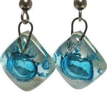 Small Turquoise and white Fused Glass Earrings. Recycled glass small square earrings - Handmade Recycled Glass Jewelry 