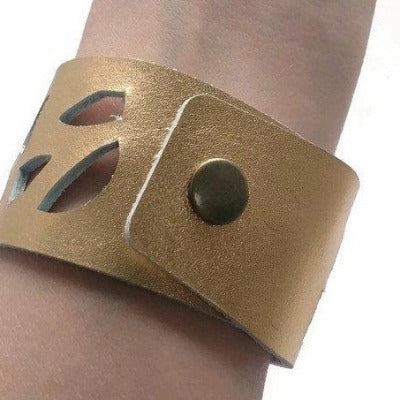 Gold Color Reclaimed Leather Cuff Bracelet. Golden "Sunflowers" Leather Band
