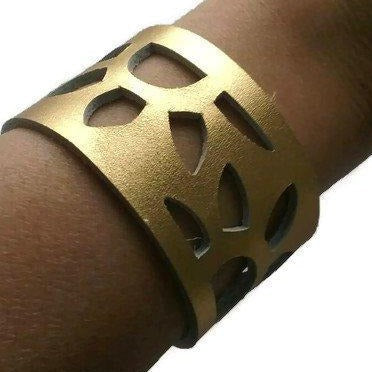 Gold Color Reclaimed Leather Cuff Bracelet. Golden "Sunflowers" Leather Band - Handmade Recycled Glass Jewelry 