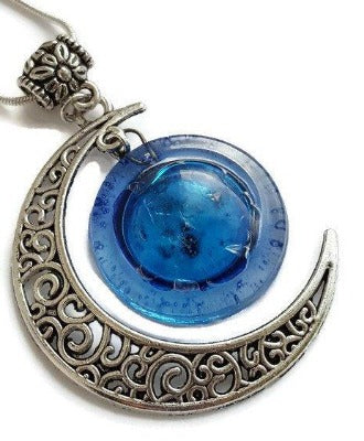 Blue moon recycled fused glass pendant. Long necklace - Handmade Recycled Glass Jewelry 