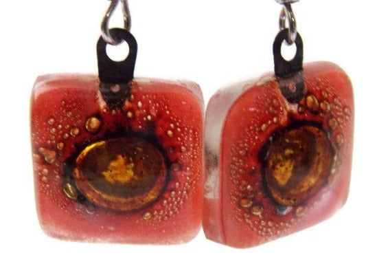 Small square red and Brown recycled glass drop earrings - Handmade Recycled Glass Jewelry 