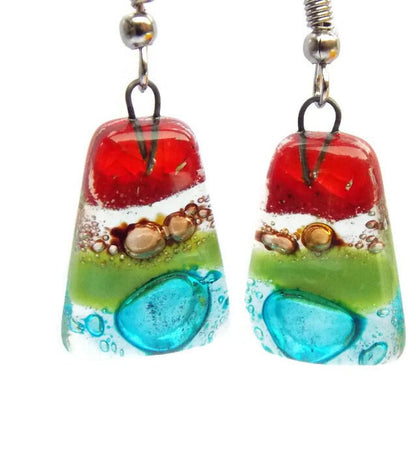 Rainbow Fused Glass dangle Earring. Red, turquoise, green and brown Drop Earrings. Glass Art