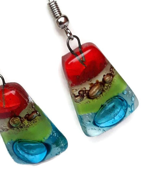 Rainbow Fused Glass dangle Earring. Red, turquoise, green and brown Drop Earrings. Glass Art