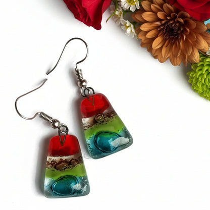 Rainbow Fused Glass dangle Earring. Red, turquoise, green and brown Drop Earrings. Glass Art