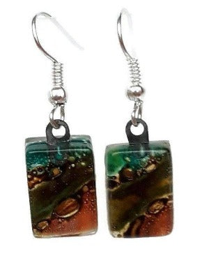 Small Teal, Green and Terracotta and Brown bars, Recycled Glass Drop earrings. Fused Glass - Handmade Recycled Glass Jewelry 