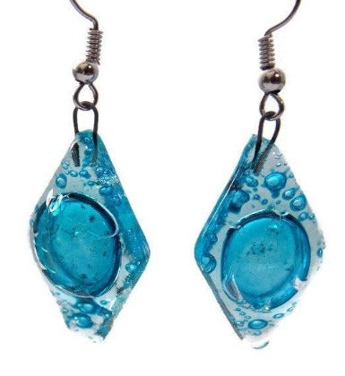 Aqua, turquoise diamond shaped recycled fused Glass Earrings. Glass drop Earrings. - Handmade Recycled Glass Jewelry 