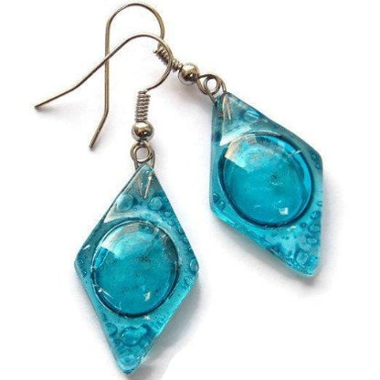 Aqua, turquoise diamond shaped recycled fused Glass Earrings. Glass drop Earrings. - Handmade Recycled Glass Jewelry 