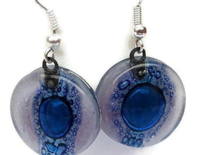 Round Lilac and Blue Dangle earrings. Recycled Fused Glass Drop Earrings. Dangle Earrings - Handmade Recycled Glass Jewelry 
