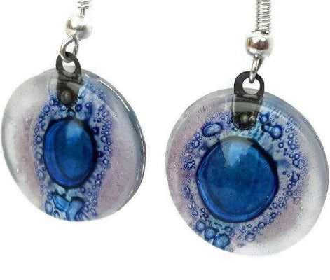 Round Lilac and Blue Dangle earrings. Recycled Fused Glass Drop Earrings. Dangle Earrings - Handmade Recycled Glass Jewelry 