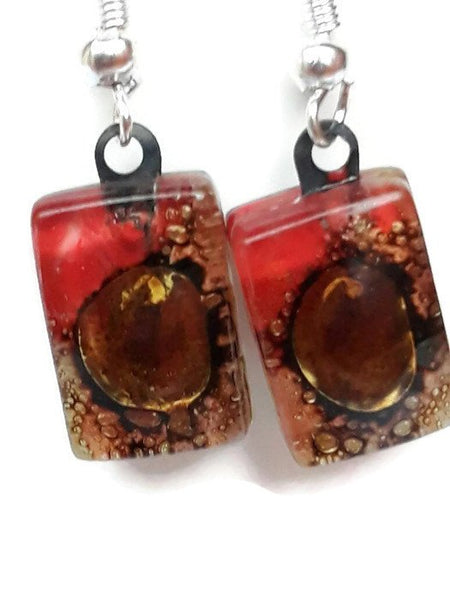 Small Red and Brown bars, Recycled Glass Drop earrings. Fused Glass Dangle Earrings - Handmade Recycled Glass Jewelry 