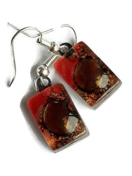 Small Red and Brown bars, Recycled Glass Drop earrings. Fused Glass Dangle Earrings - Handmade Recycled Glass Jewelry 