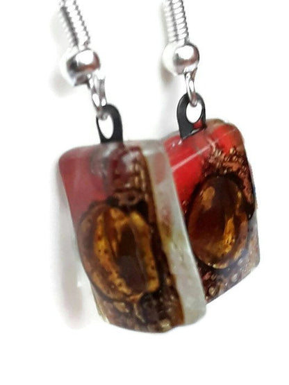 Small Red and Brown bars, Recycled Glass Drop earrings. Fused Glass Dangle Earrings - Handmade Recycled Glass Jewelry 