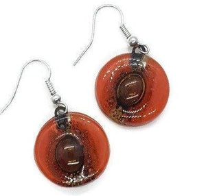 Red and Brown round dangle earring. Orangy red and a caramel Fused Glass Drop Earrings - Handmade Recycled Glass Jewelry 