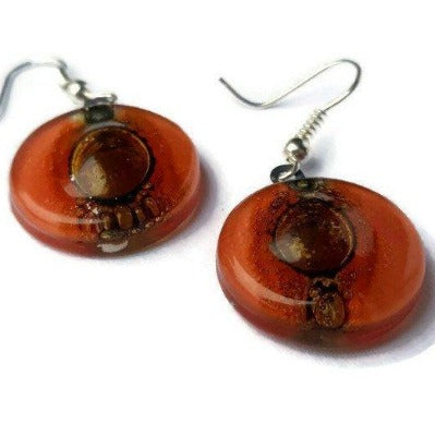 Red and Brown round dangle earring. Orangy red and a caramel Fused Glass Drop Earrings - Handmade Recycled Glass Jewelry 
