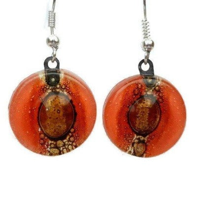 Red and Brown round dangle earring. Orangy red and a caramel Fused Glass Drop Earrings - Handmade Recycled Glass Jewelry 