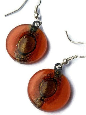 Red and Brown round dangle earring. Orangy red and a caramel Fused Glass Drop Earrings - Handmade Recycled Glass Jewelry 