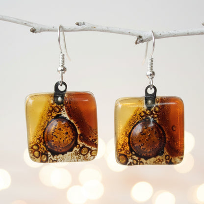 Earthy tones, White, beige, terracota  and Brown Square Fused Glass earrings. - Handmade Recycled Glass Jewelry 