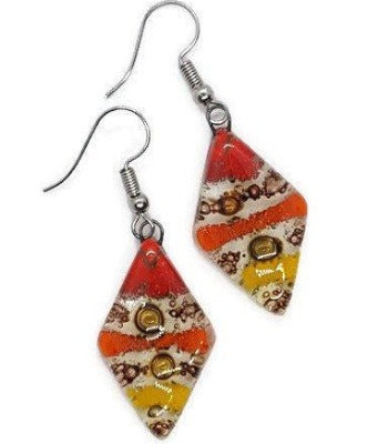 Red, Yellow and Orange Diamond Shaped Earrings. Fused glass Dangle Earrings. - Handmade Recycled Glass Jewelry 