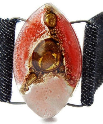 Red, pink and  Brown Fused Glass and reclaimed Demin Cuff. Vegan Bracelet. - Handmade Recycled Glass Jewelry 