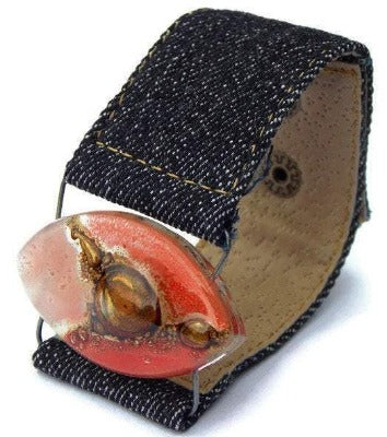 Red, pink and  Brown Fused Glass and reclaimed Denim Cuff. Vegan Bracelet.