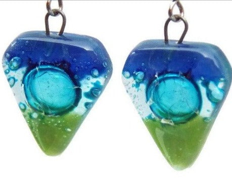 Blue, Turquoise and Green heart shape Fused Glass Drop Earrings. Recycled Glass Dangle Earrings - Handmade Recycled Glass Jewelry 