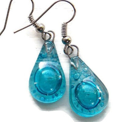 Small Aqua turquoise teardrop recycled Glass Earrings. Blue Fused Glass Earrings - Handmade Recycled Glass Jewelry 