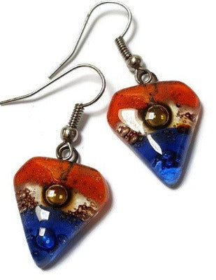 Blue, brown, and Orange handmade recycled Fused glass beads, Small Drop earrings, Dangle earrings - Handmade Recycled Glass Jewelry 