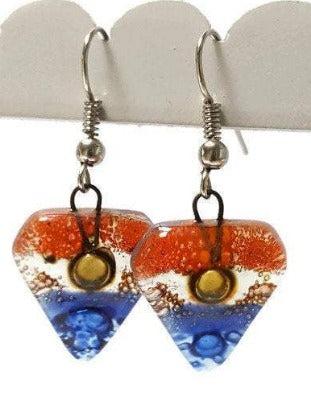 Blue, brown, and Orange handmade recycled Fused glass beads, Small Drop earrings, Dangle earrings