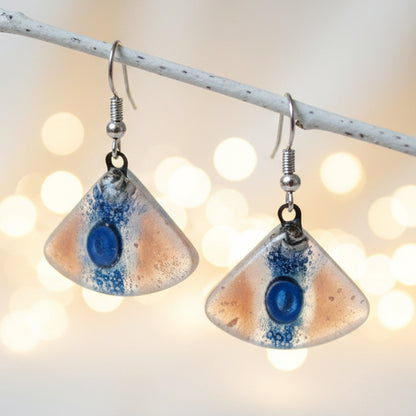 Handmade fused glass drop earrings, Pink and Blue fan shape Recycled dangle earrings.