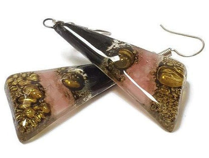 Black, Brown and Pink Triangle Earrings with Long drop Earrings. - Handmade Recycled Glass Jewelry Handmade Recycled Glass Jewelry. This is not Sea glass jewelry. Seaglass earrings, beach glass or dichroic glass. This painted Fused window Glass jewelry. Best gift under 20. long drop earrings