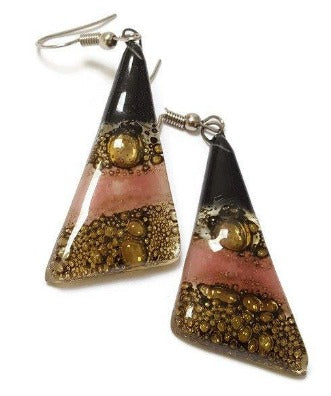 Black, Brown and Pink Triangle Earrings with Long drop Earrings. Recycled Fused Glass dangle earrings - Handmade Recycled Glass Jewelry. This is not Sea glass jewelry. Seaglass earrings, beach glass or dichroic glass. This painted Fused window Glass jewelry. Best gift under 20. long dangle earrings