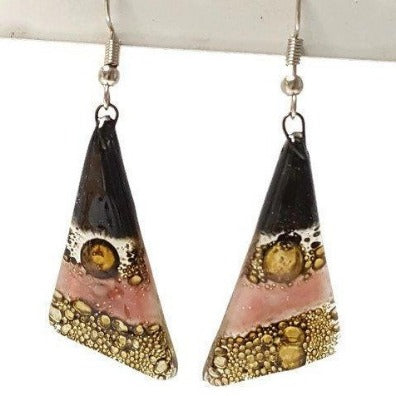 Black, Brown and Pink Triangle Earrings with Long drop Earrings. - Handmade Recycled Glass Jewelry 