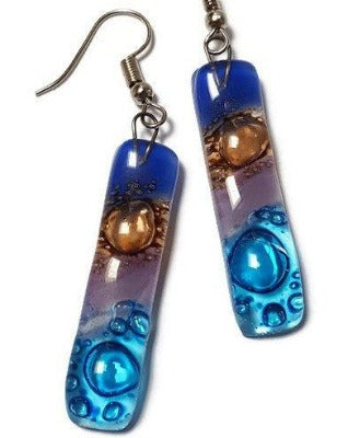 Long Earrings. Blue, turquoise, lilac and  brown Recycled Fused Glass Drop  Earrings . - Handmade Recycled Glass Jewelry 