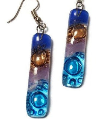 Long Earrings. Blue, turquoise, lilac and  brown Recycled Fused Glass Drop  Earrings . - Handmade Recycled Glass Jewelry 