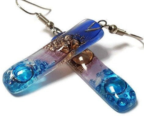 Long Earrings. Blue, turquoise, lilac and  brown Recycled Fused Glass Drop  Earrings . - Handmade Recycled Glass Jewelry 