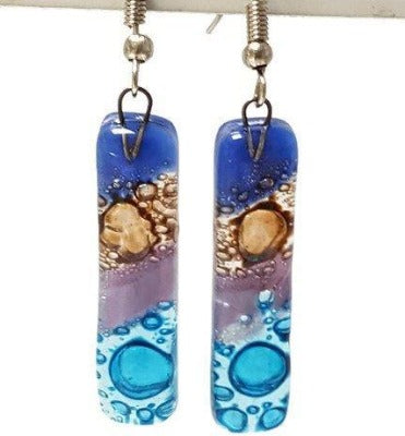 Long Earrings. Blue, turquoise, lilac and  brown Recycled Fused Glass Drop  Earrings . - Handmade Recycled Glass Jewelry 