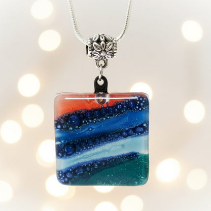 Teal, Blue and Red Fused Glass square Pendant. Recycled Glass Handmade Glass Bead. Handmade necklace - Handmade Recycled Glass Jewelry 