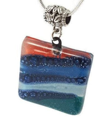 Teal, Blue and Red Fused Glass square Pendant. Recycled Glass Handmade Glass Bead. Handmade necklace